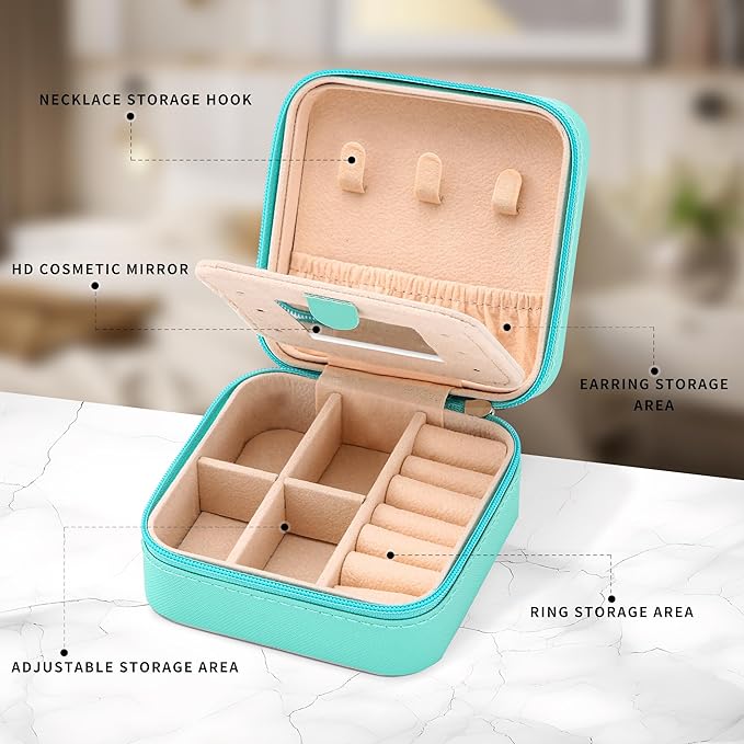 Neveika Jewelry Box with Mirror,Small Jewelry Organizer Box，Travel Jewelry Case for Women，Gift Jewelry Boxes for Female Girls (mirror blue)