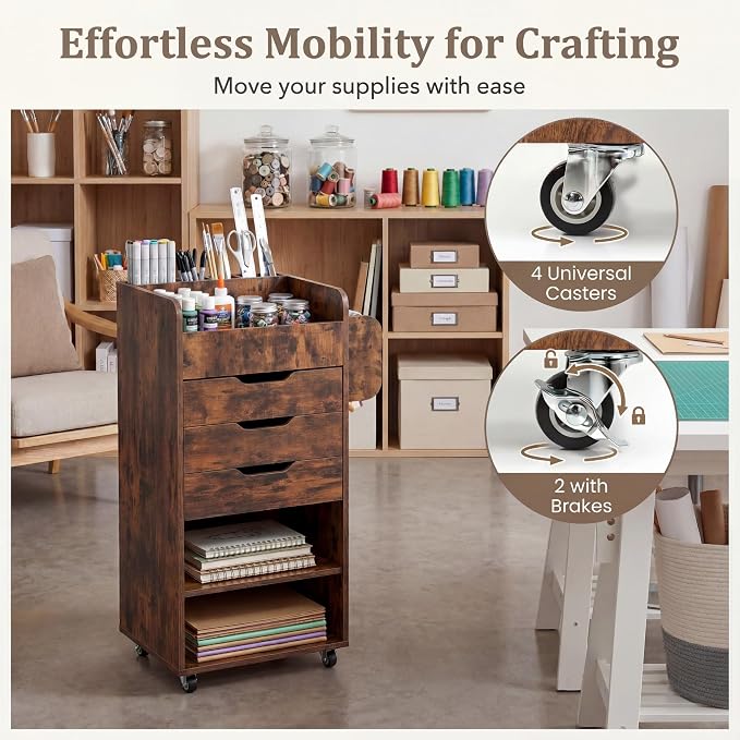 Tangkula Rolling Storage Cart with Drawers, Industrial Aesthetics Organizer Cart w/Lockable Casters, Makeup Utility Cart w/3 Shelves, Slots & Dowels, Storage Cabinets on Wheels, Home Office Craft Cart