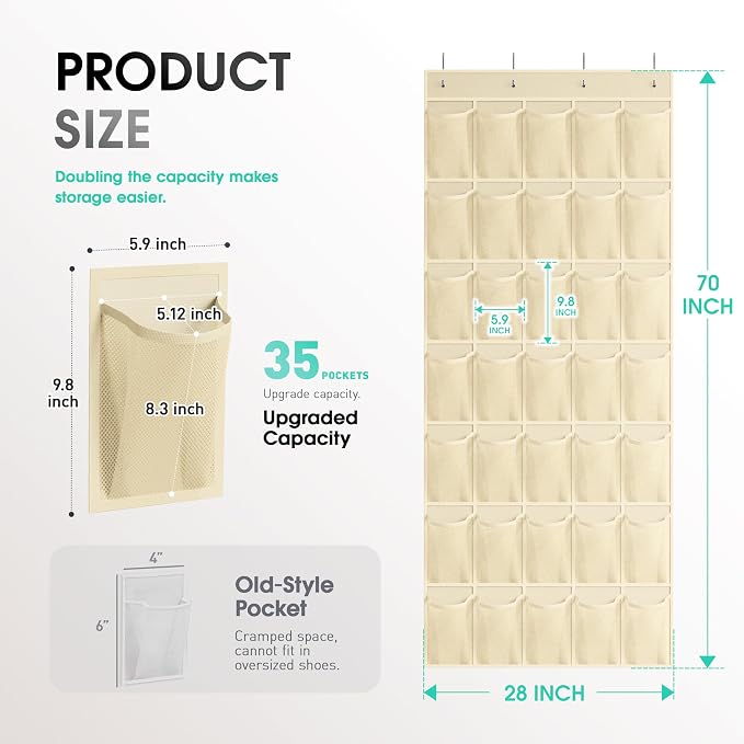 WVM Over the Door Shoe Organizer with 35 Breathable Mesh Pockets, Hanging Shoe Organizer for Door with 4 Metal Hooks, Large Capacity Closet Storage for Shoes, Accessories