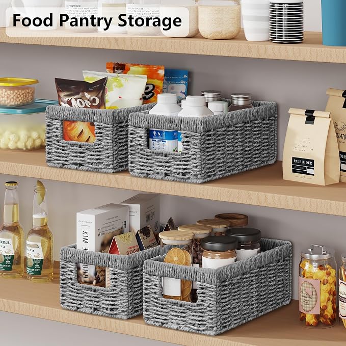 Vagusicc Wicker Storage Basket, Set of 2 Hand Woven Wicker Baskets for Organizing with Handles, Decorative Small Storage Bins for Countertop Toilet Paper Basket for Toilet Tank Top Shelves, Grey