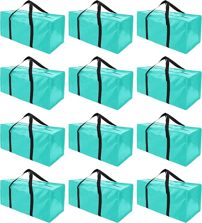 PANDA JOYS 12 Pack Extra Large Moving Bags with Zippers & Carrying Handles, Heavy-Duty Storage Tote for Space Saving Moving Storage, Fold Flat, Alternative to Box and Bin,Aquamarine
