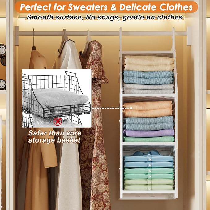 Honkazita 3-Tier Foldable Hanging Closet Organizer, Free-Standing | Closet Hanging Organizer for Wardrobe, Laundry Room, Plastic Hanging Closet Shelves for Clothes, Handbags, Accessories (White)