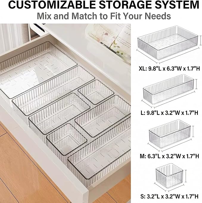 Li&Zhao 7PCS Stackable Bathroom Drawer Organizer-Clear Acrylic Drawer Organizer and Makeup Drawer Organizer with 4 Sizes 7 Grids for Vanity, Kitchen, Office Supplies
