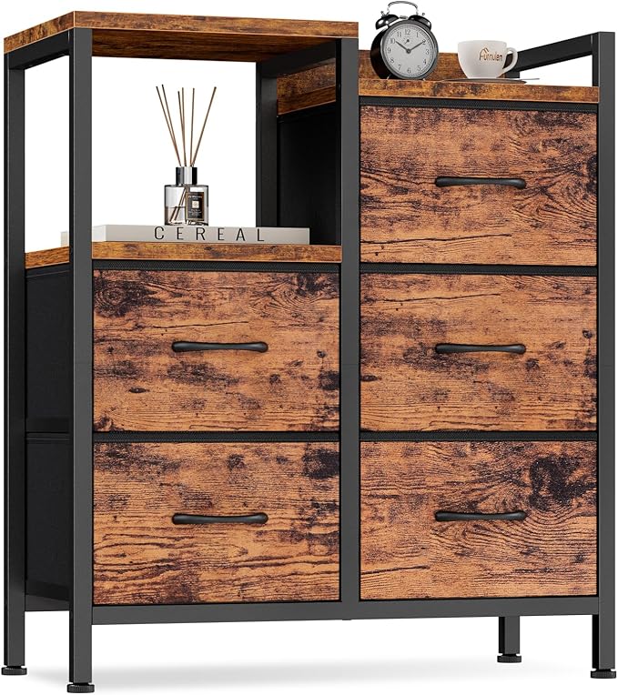 Furnulem Rustic Brown Dressers for Bedroom, 5 Drawer Dresser for Closet | Small Fabric Dresser with 2 Tier Shelf, Drawer Units with Sturdy Metal Frame, Storage Cabinet Organizer for Hallway, Wood Top