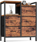 Furnulem Rustic Brown Dressers for Bedroom, 5 Drawer Dresser for Closet | Small Fabric Dresser with 2 Tier Shelf, Drawer Units with Sturdy Metal Frame, Storage Cabinet Organizer for Hallway, Wood Top
