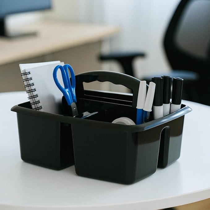 Storex 3-Compartment Small Cleaning Caddy – Multipurpose Supply Organizer with Handle, Black, 6-Pack (00972A06C)