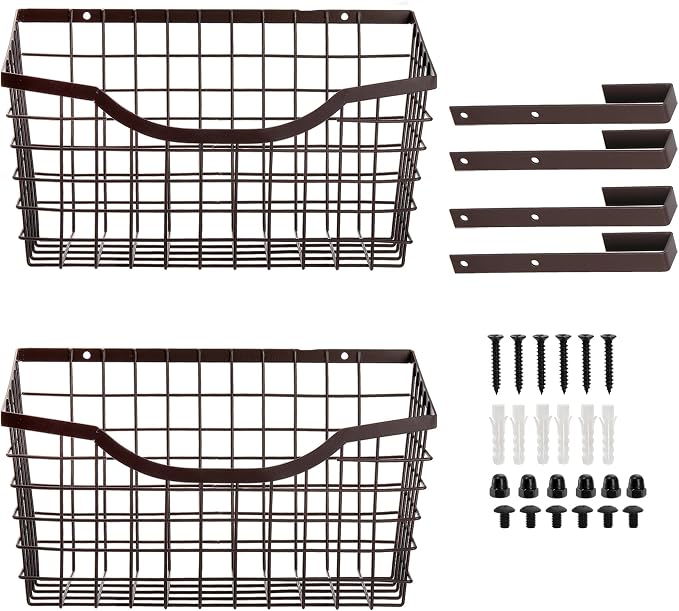 Nicunom 2 Pack Cabinet & Wall Mount Basket, Large Metal Wire Basket Wall Mount Hanging Basket Over Cabinet Door Organizer Bin Grid Storage Baskets for Home Kitchen Bathroom Pantry, Bronze