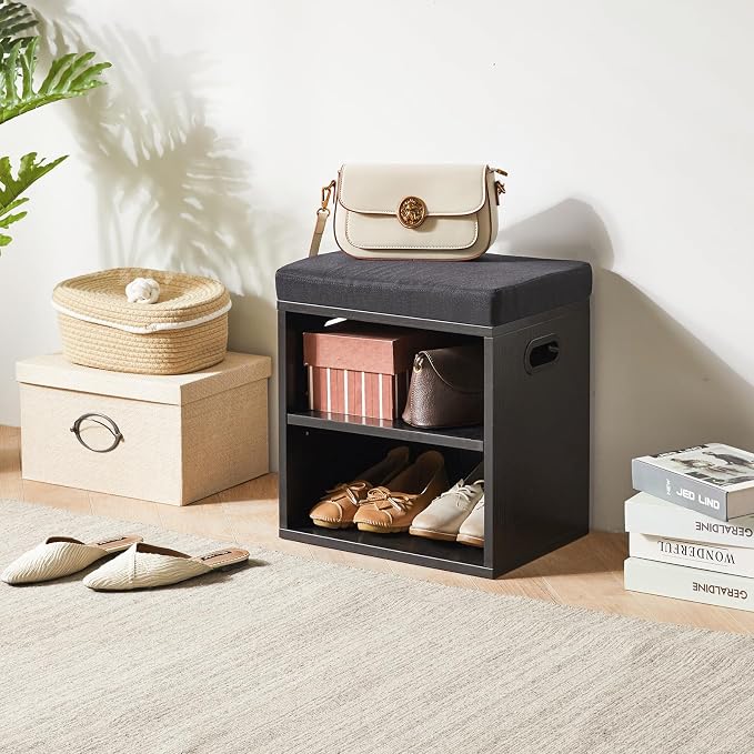 YMYNY Small Shoe Storage Bench with Cushion, Black, HBD028B | 2 Tier Entryway Bench with Storage, Small Shoe Rack Bench with Adjustable Shelf for Entryway 11 x 15.3 x 16.5 Inches