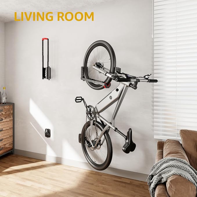 monTEK No-Lift Swivel Bike Wall Mount, Bike Hangers for Garage, 4 Pack | Space-saving bike storage rack pivots 120°; 4 settings fit 16-29 in wheels and tires up to 3.54 in wide; holds 77 lb each
