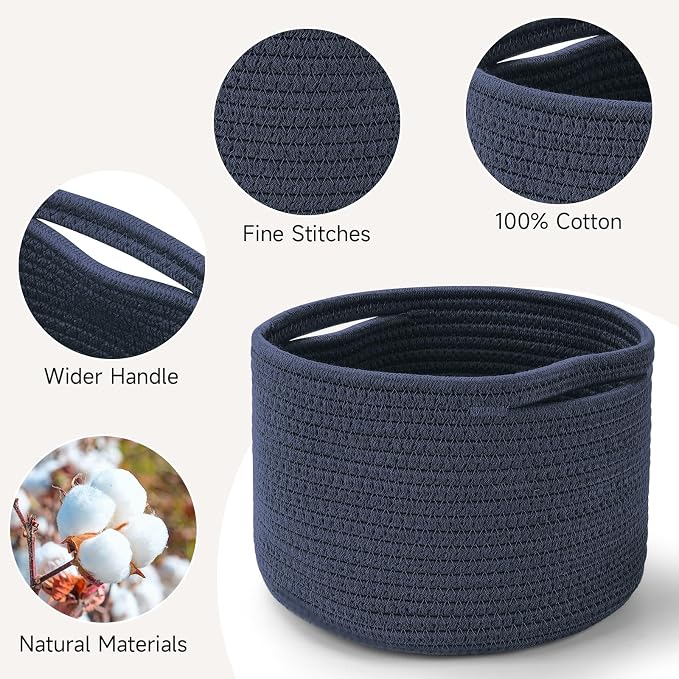 Small Rope Baskets for Storage, Baskets for Gifts Empty, Cute Round Woven Baskets, Decorative Shelf Basket 9.82×9.82×7.1", Cotton Toy Basket Storage Bins for Organizer 3 Packs Navy Blue