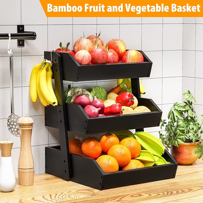 Gmtsl Bamboo Fruit Basket for Kitchen, Fruit Holder for Kitchen Countertop | 3 Tier Fruit bowl for Kitchen Counter, Fruit Stand, Vegetable Basket Storage, Produce Organizer, Bread Snack Display(BLACK)