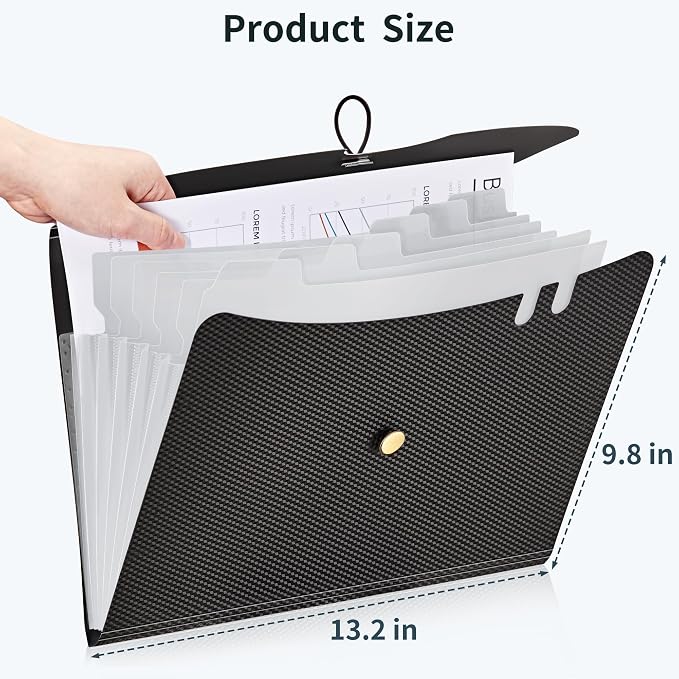 JARLINK 7 Pockets Expanding File Folder, A4 Accordion folders, Black | Accordion File Folders with 12 Labels, Portable Document Organizer for Home, College, School, and Office Supplies