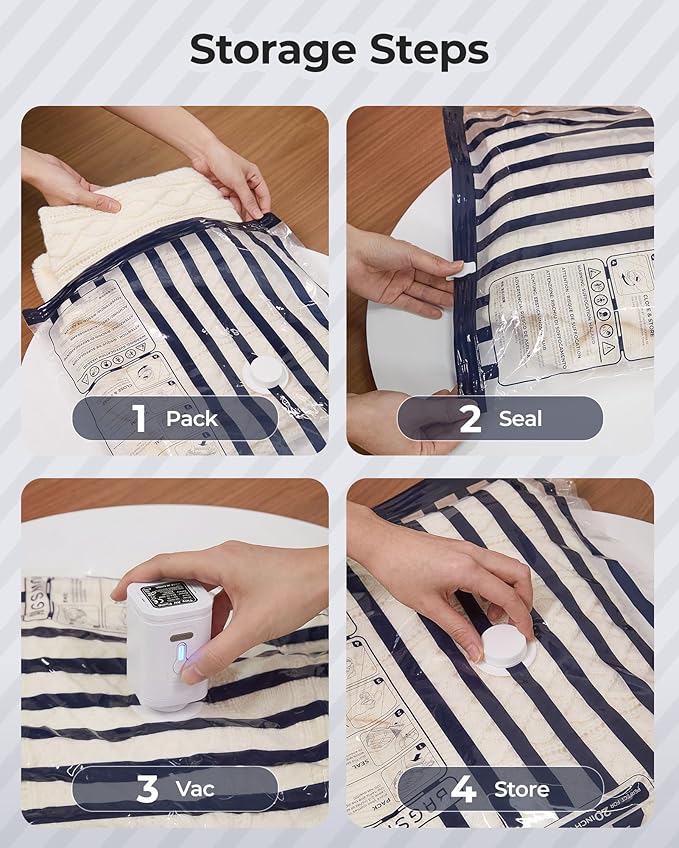 BAGSMART Travel Vacuum Seal Bags with Pump, Jumbo Vacuum Storage Bags for Clothes Blankets Comforters, Space Saver Bags for Travel, Compression Bags for Seasonal Storage-Blue Stripe