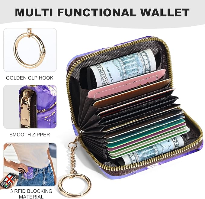 Credit Card Holder for Women,Small Rfid Wallet with Keychain Zipper,Cute PU Leather Card Case Wallet，Accordion Credit Card Wallets Gift,Purple Marble C