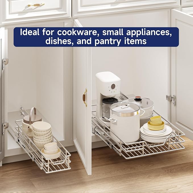 Pull Out Cabinet Organizer, 10.5" W x 18" D, Heavy Duty Chrome Slide Out Shelf for Narrow Base Cabinets, Sliding Wire Basket Drawer for Spices, Bottles, Snacks & Cleaning Supplies
