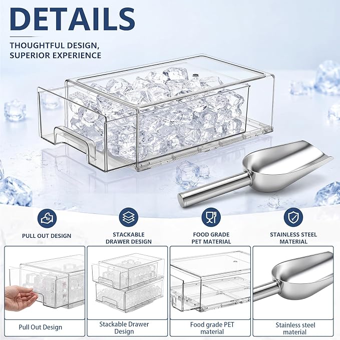 Havawish 1 Set Ice Container for Freezer with Scoop, Ice Storage Bin with Lid, Pull out Freezer Bin Organizer for Refrigerator, Clear Stackable Holder, Large 13.78 x 9.25 x 4.33 Inch