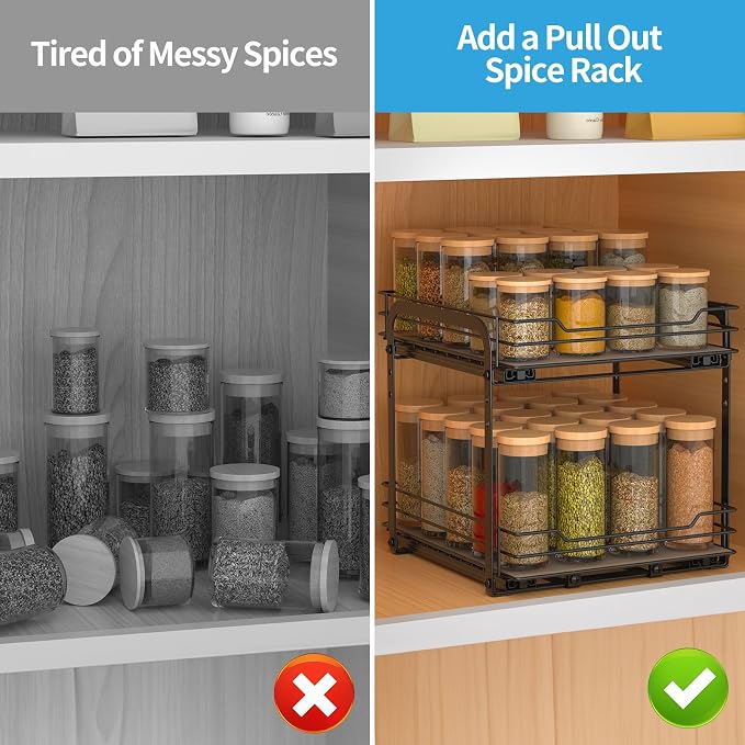 BOIVSHI 2-Tier Spice Rack, Pull Out Cabinet Organizer Spice Racks Height Adjustable Heavy Duty Metal Basket for Inside Cabinets & Pantry Closet(9.5''Wx10.5''Dx9.5''H)