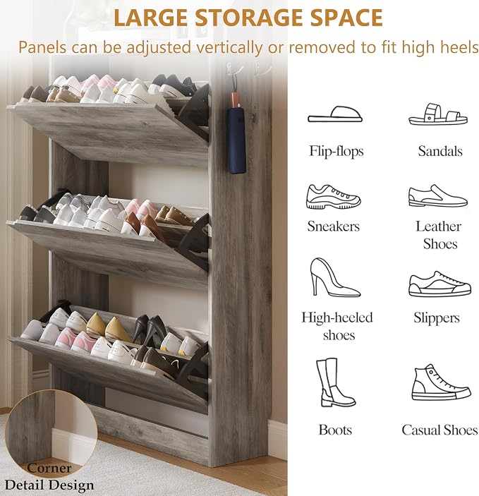 Wodeer Tall Shoe Cabinet with Coat Rack, Hidden Shoe Storage Cabinet with Doors & Drawer, Hanging Bar & Hooks, Slim Narrow Freestanding Shoe Rack Organizer for Entryway, Hallway & Living Room, Grey