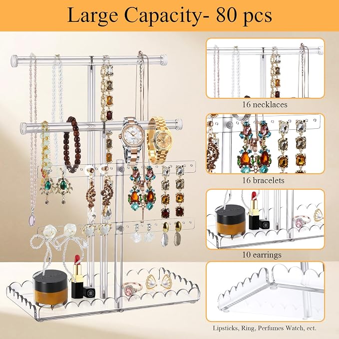 Acrylic Jewelry Stand with Scalloped Tray, 14" 4-Tier Tall Tangle-Free Necklace Holder Bracelet Hanging Jewelry Organizer for Bangles Earrings Watch, Tower Tray Storage for Gift Ring Perfume
