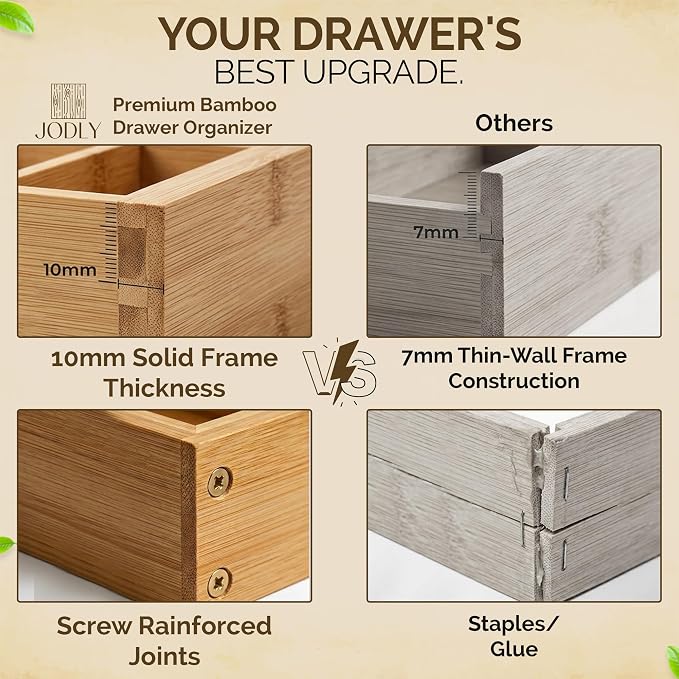 Bamboo Kitchen Utensil Drawer Organizer for Silverware | 100% Natural Expandable 14-20 Inch Kitchen Drawer Organizers for Utensils | Non-Slip Base | Screwed Joints for Long-Lasting Durability