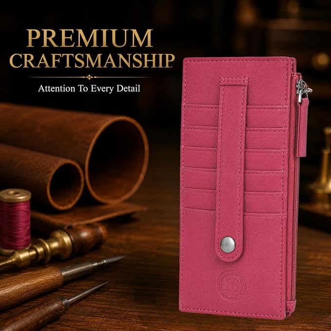 Leatherboss Genuine Leather Women's All in One Credit Business Card Case Holder Slim Zipper Wallet With a Card Protection Strap, Pink