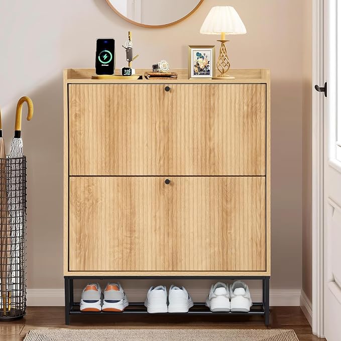 RARZOE Fluted Shoe Cabinet for Entryway with 2 Flip Drawers, Narrow Wood Shoe Cabinet with Fluted Panel, Slim Hidden Shoe Organizer Closed Shoe Rack with Metal Legs for Foyer,Hallway(31.5''Natural)
