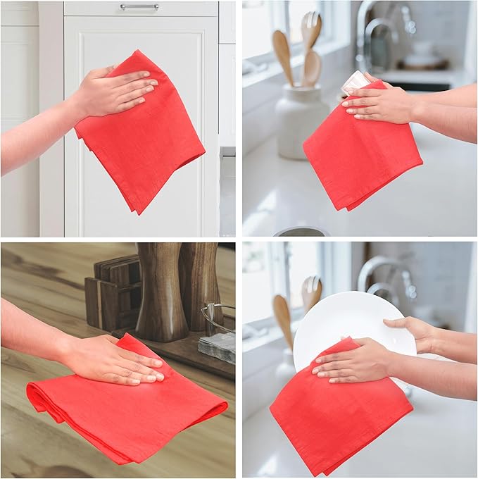 Urban Villa Flour Sack Red Kitchen Towels 100% Cotton Highly Absorbent Dish Towels for Bread Proofing Baking Drying Dinnerware Glass Embroidery DIY Projects Zero Lint 27x27 Inches (4 Pack)
