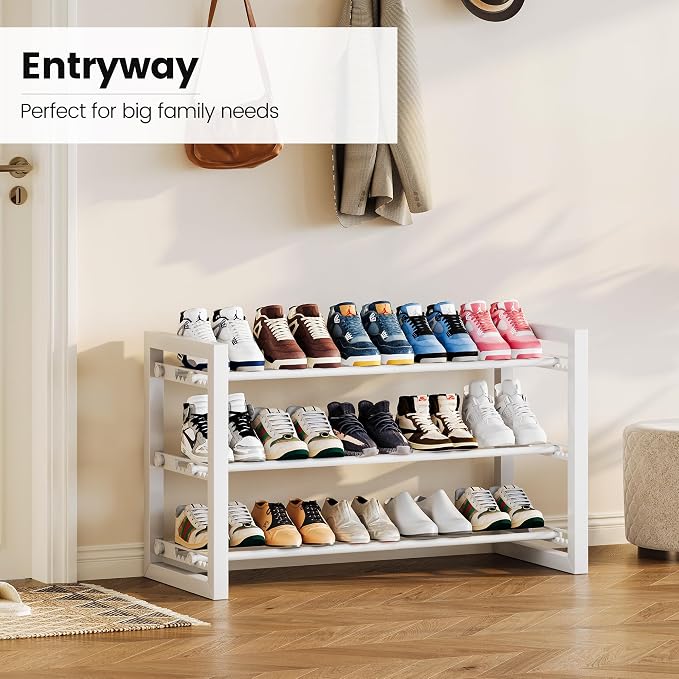 Homeiju Expandable Shoe Rack, 3 Tier Metal Shoe Shelf, Adjustable Shoe Stand for Sneakers, Boots, Heels, Heavy-Duty Steel Standing Shoe Organizer for Entryway, Closet, Bedroom, White