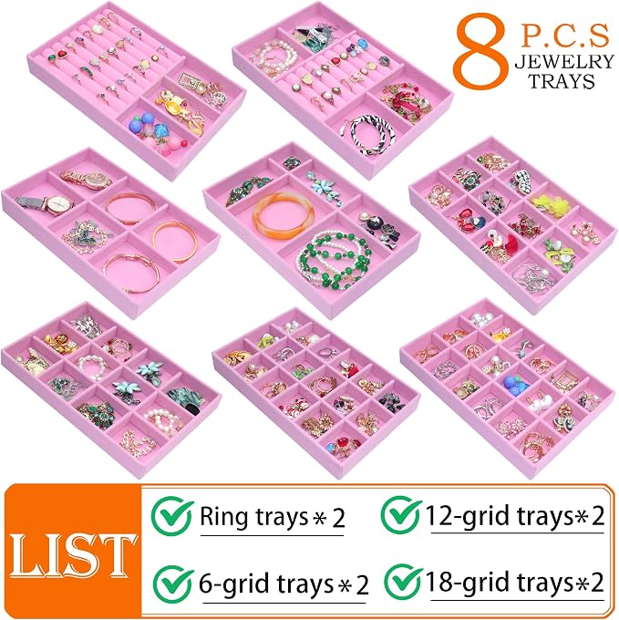 Stackable Jewelry Organizer Trays 8 Set, X-Large Jewelry Display Case Storage for Earring Necklace Rings Bracelet Watch with Removable Dividers