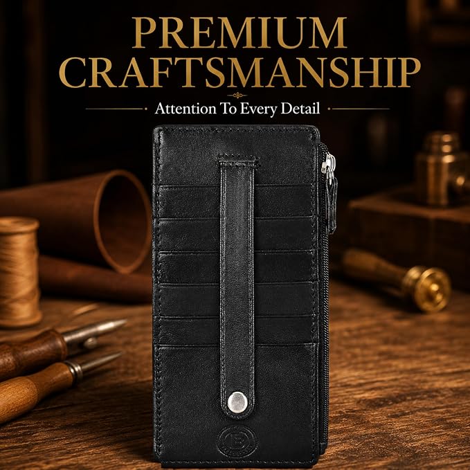 Leatherboss Genuine Leather Women's All in One Credit Business Card Case Holder Slim Zipper Wallet With a Card Protection Strap, Black