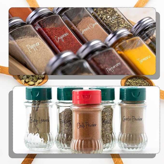 268 Clear Seasoning Jar Labels, Preprinted Kitchen Pantry Organization Labels for Spice Herbs Food Containers Jar Bottle Rack Waterproof Black White Script Sticker Set (4 Black+4 White)