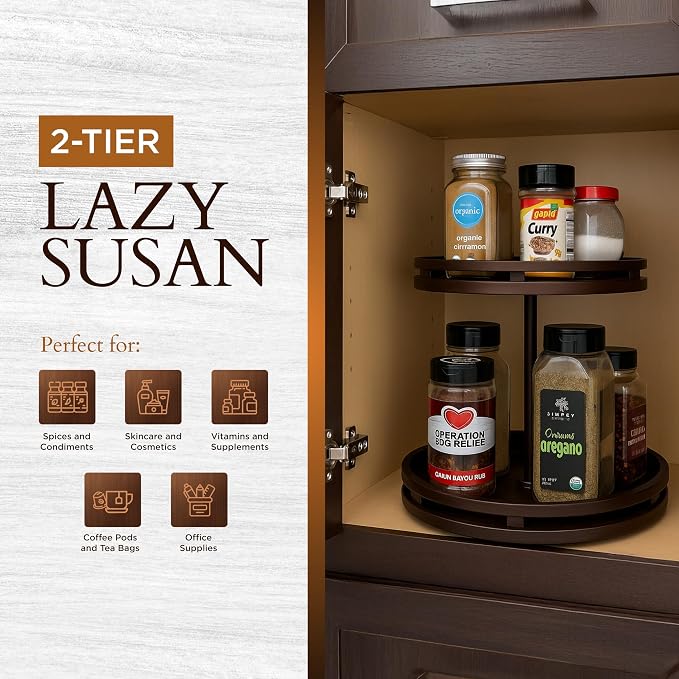 2 Tier Lazy Susan Organizer – 12" Bamboo Rotating Spice Rack Organizers with Adjustable Height Turntable for Cabinet, Pantry, Medicine Cabinet, Kitchen, Spinning Bathroom Counter Top Organizers