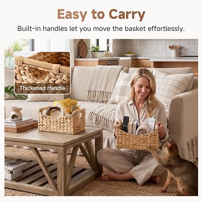 StorageWorks Wicker Baskets for Organizing, Water Hyacinth Storage Baskets with Handles, Woven Baskets for Pantry Storage, 13" x 8¼" x 7", 2-Pack