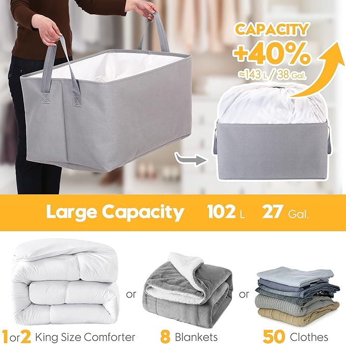 Hinwo 102L XXL Storage Bins, 2-Pack Closet Organizers and Storage, Foldable Clothes Storage Baskets with Handles, Containers for Clothing, Blanket, Comforters, Toys, Bedding (Black)