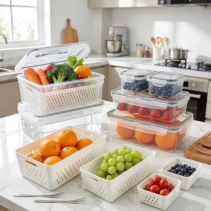 KUK 5 Pack Fruit Storage Containers for Fridge, Stackable Leakproof Food Keeper with Removable Colander, BPA-Free Produce Saver for Vegetables, Berries & Meat