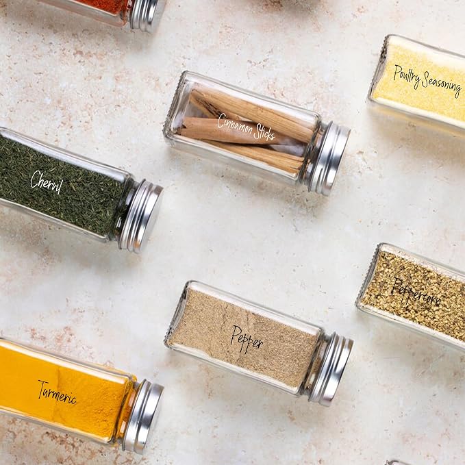 268 Clear Seasoning Jar Labels, Preprinted Kitchen Pantry Organization Labels for Spice Herbs Food Containers Jar Bottle Rack Waterproof Black White Script Sticker Set (4 Black+4 White)