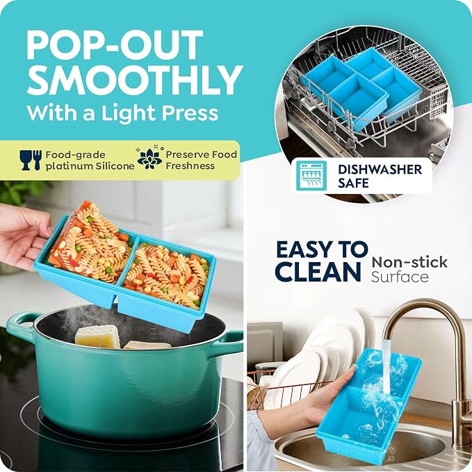 2 cup Silicone Freezer Trays with Lids, Silicone Soup Freezer Molds, Easily prepare portioned meals, Dishwasher, Oven Safe, Great for Frozen Broth, Leftovers & Meal Prep, BPA Free 2 Pack