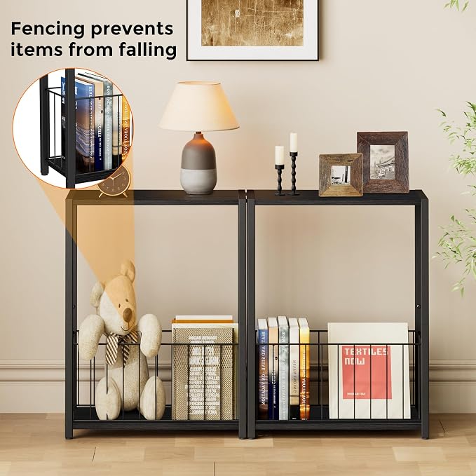 Homleke Narrow Side Table with Magazine Holder, Skinny End Table | Space-Saving Design, Small Spaces, Storage Shelf, Metal Frame, Easy Assembly, 7.1" D x 16.9" W x 23.6" H, Black
