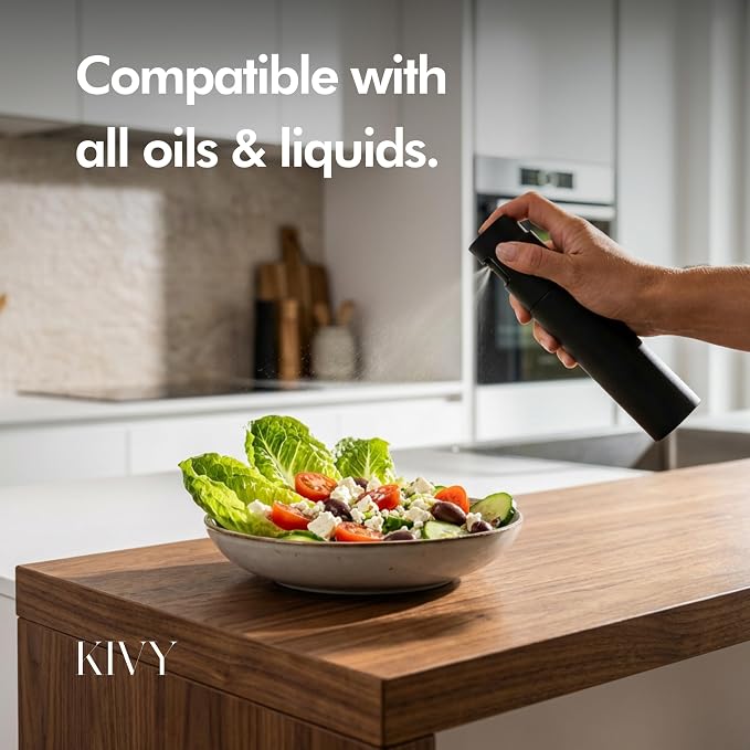 KIVY Glass Oil Sprayer for Cooking– Precise Oil & Vinegar Spray Bottle Oil Mister Spray Bottle for Food – Includes Funnel – Perfect for Cooking & Air Fryer (Brushed Stainless Steel)