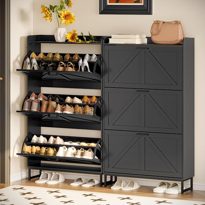 Wodeer Shoe Cabinet Storage for Entryway, Shoe Storage Cabinet with 3 Flip Drawers, Freestanding Narrow Shoe Rack Organizer with Metal Legs & Side Hook for Foyer, Hallway, Black