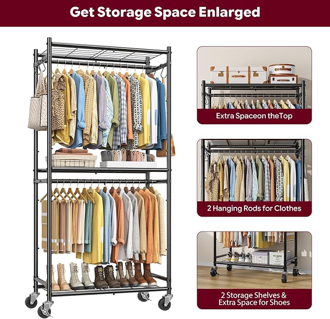 Simple Trending Clothes Rack, Portable Closet with Mesh Shelves, Black | Wardrobe Closet with Hooks, Multi-Functional, Sturdy Metal Garment Rack for Bedroom, Laundry