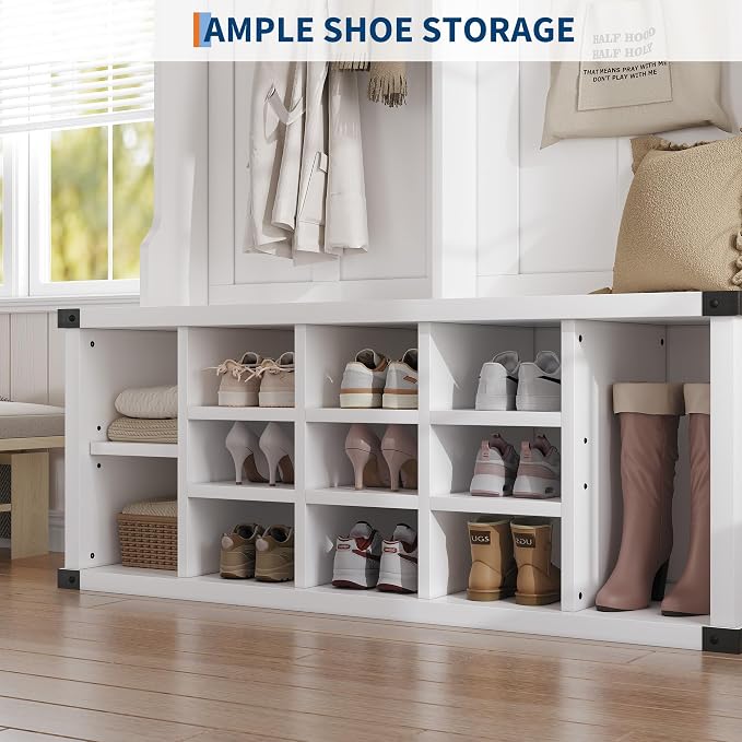 Garvee Farmhouse Entryway Hall Tree with Bench, Shoe Storage & Coat Rack | Large 5-in-1 Mudroom Storage w/ 6 Tri-Hooks & Seating, 13 Cubbies & Adjustable Shelf, Metal Corner Protctor, White
