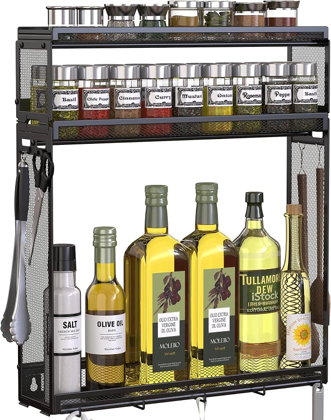 Docnest 3 Tier Wall Mounted Spice Rack with 9 Hooks, Black | Metal kitchen organizer shelf for seasoning jars. Features 2 installation ways using screws or adhesive