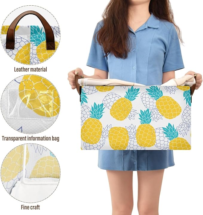 Aqua Blue and Yellow Pineapple Storage Basket Foldable Cube Storage Bins with Handles&Label Waterproof Organizer Box Bin Large Rectangle Decorative Baskets for Shelves Home Room Laundry-2 Pack
