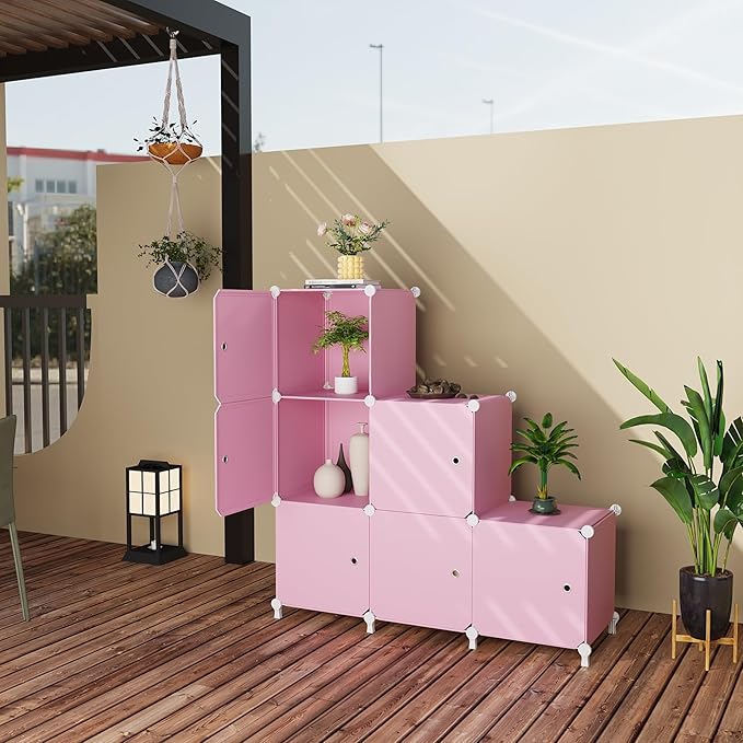 Cube Storage Organizer, 6-Cube Shelves Unit with Doors, DIY Stackable Plastic Clothes Organizer for Bedroom and Under Stairs Storage Unit, Each Compartment 30 x 30 x 30 cm Pink ATTSL6006