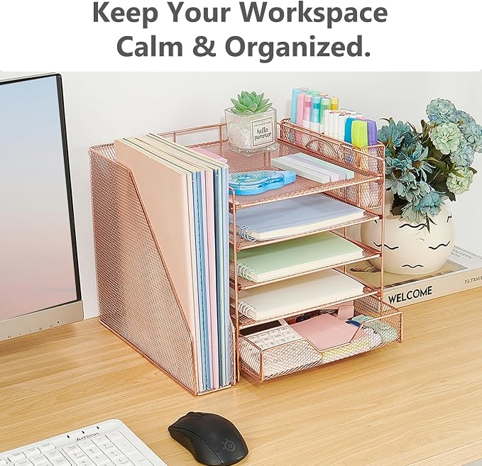 Desk Organizers and Accessories, 5-Tier Paper Letter Tray Organizer with File Holder, Drawer & Pen Holder, Office Desk Accessories, Desktop Organizer for Classroom Office Supplies, Rose Gold