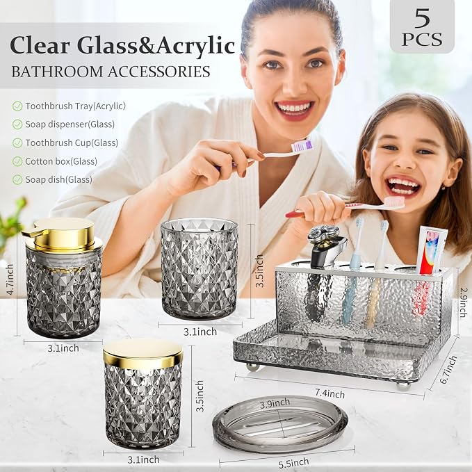 Glass Bathroom Accessories Set 5Pcs Crystal - Foaming Soap Dispenser, Soap Dish, Cup, Acrylic Toothbrush Holder with Tray Organizer, Qtip Jar, Bathroom Counter Set Sink Decor (Black)