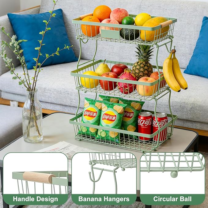 3 Tier Fruit Basket with 2 Banana Hangers, Countertop Fruit Vegetable Stand Produce Holder Organizer for Onion Potato Bread Snack Veggie Green