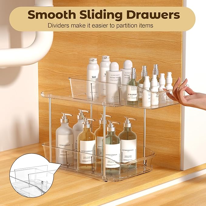 incostar 2 Tier Pull-Out Organizer for Bathroom Kitchen, Under Sink Storage with Dividers, Ideal for Cabinet, Cupboard Organization, Slide-Out Clear Storage, 1 Pack