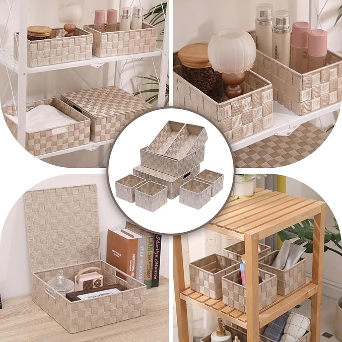 Storage Bins Woven Organizer with Lids Set of 8 – Polypropylene Storage Baskets with Metal Frame, Stackable Fabric Boxes for Drawers, Closet, Shelf, Nursery and Office, Beige